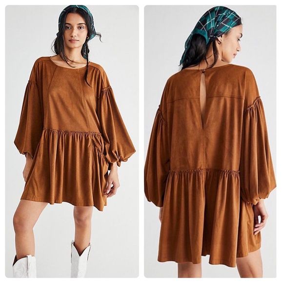 Free People Dresses & Skirts - Free People Puff Sleeve Abbie Vegan Suede Peasant Boho Dress